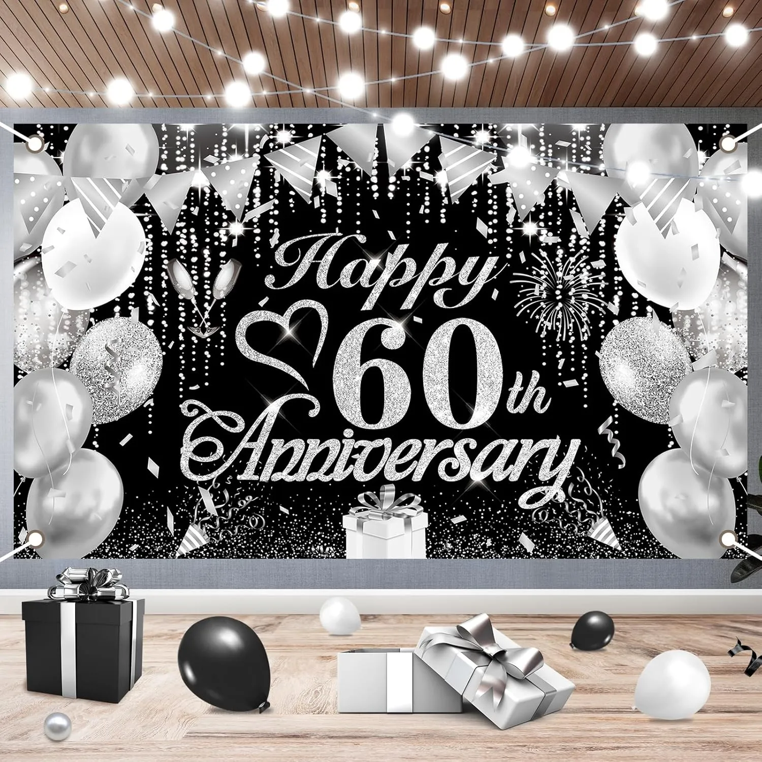 60th Anniversary Decorations - Black and Silver Happy Diamond Wedding Banner for Party Decorations 72.8x43.3''