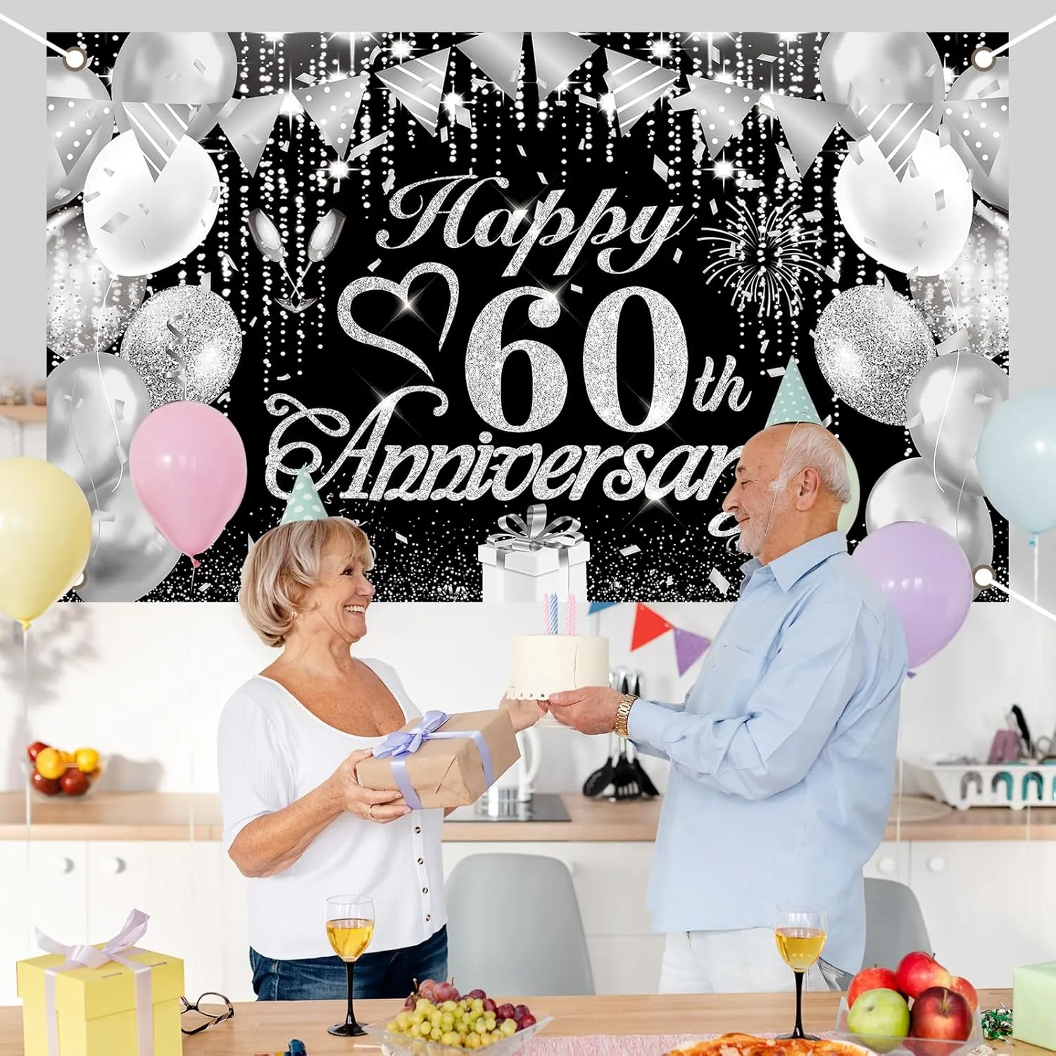 60th Anniversary Decorations - Black and Silver Happy Diamond Wedding Banner for Party Decorations 72.8x43.3''