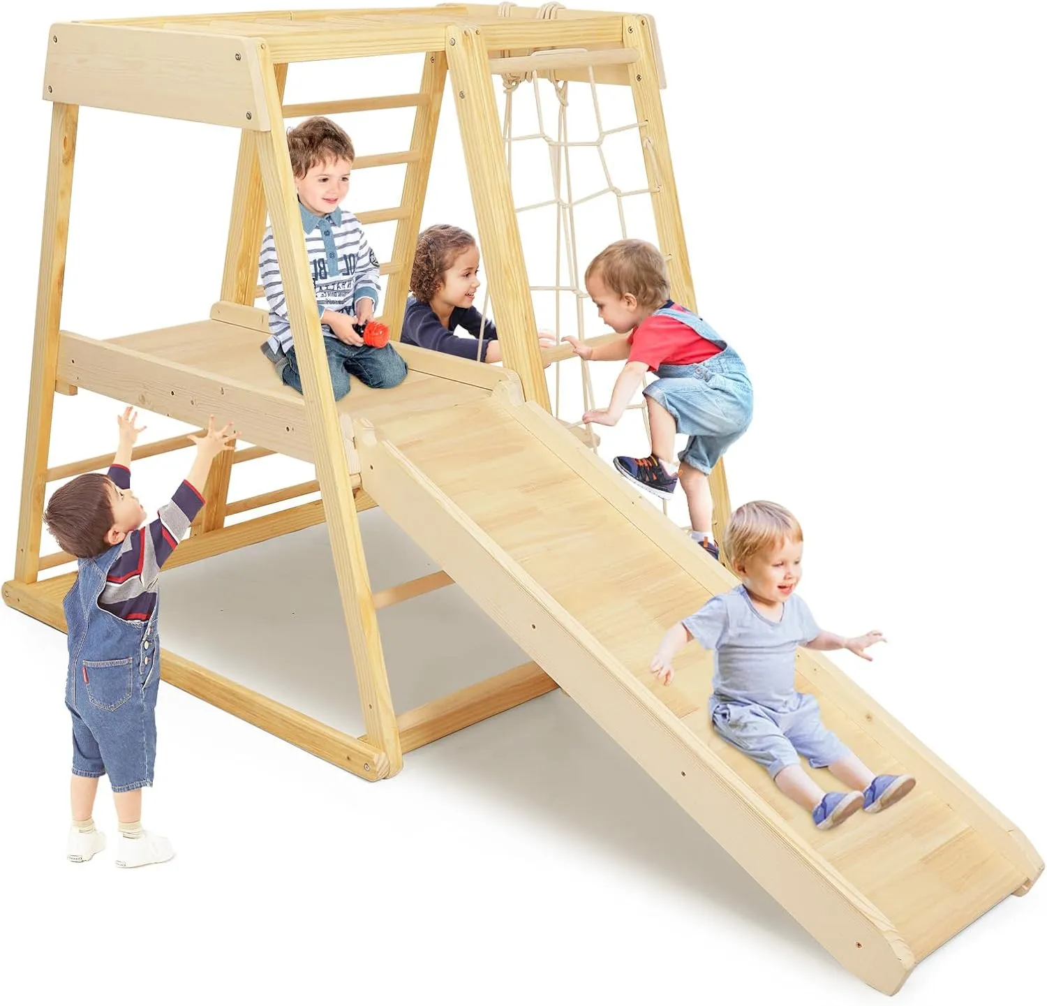 7-in-1 Indoor Jungle Gym Toddler Climbing Toys Indoor Playground with Slide, Rock Climbing Wall, Rope Wall Climber, Monkey Bars, Swing