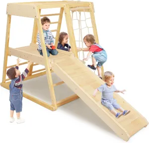 7-in-1 Indoor Jungle Gym Toddler Climbing Toys Indoor Playground with Slide, Rock Climbing Wall, Rope Wall Climber, Monkey Bars, Swing