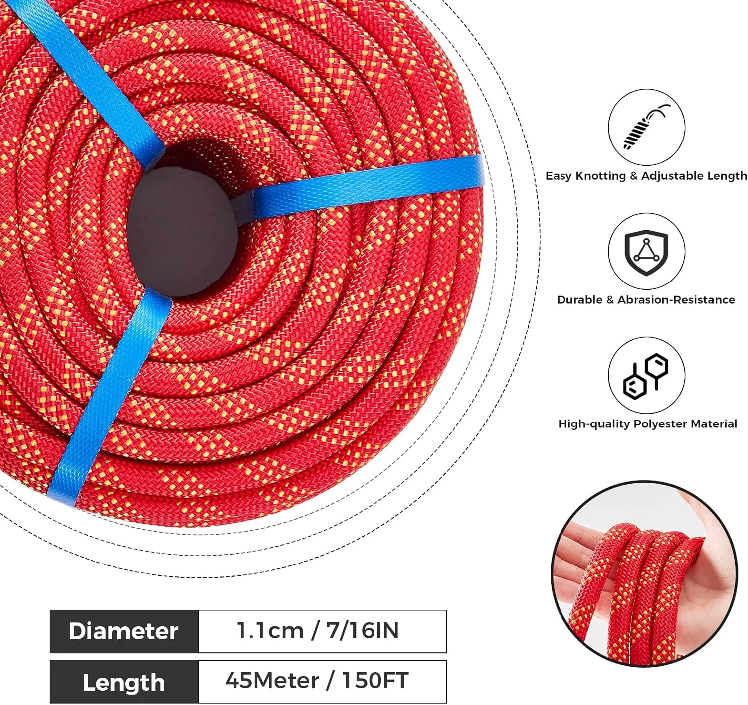 7/16 Inch 150ft Double Braided Polyester Arborist Rope, Heavy Duty Nylon Rope for Anchor, Tree Work, Cargo, Pulling, Sailing(Red)