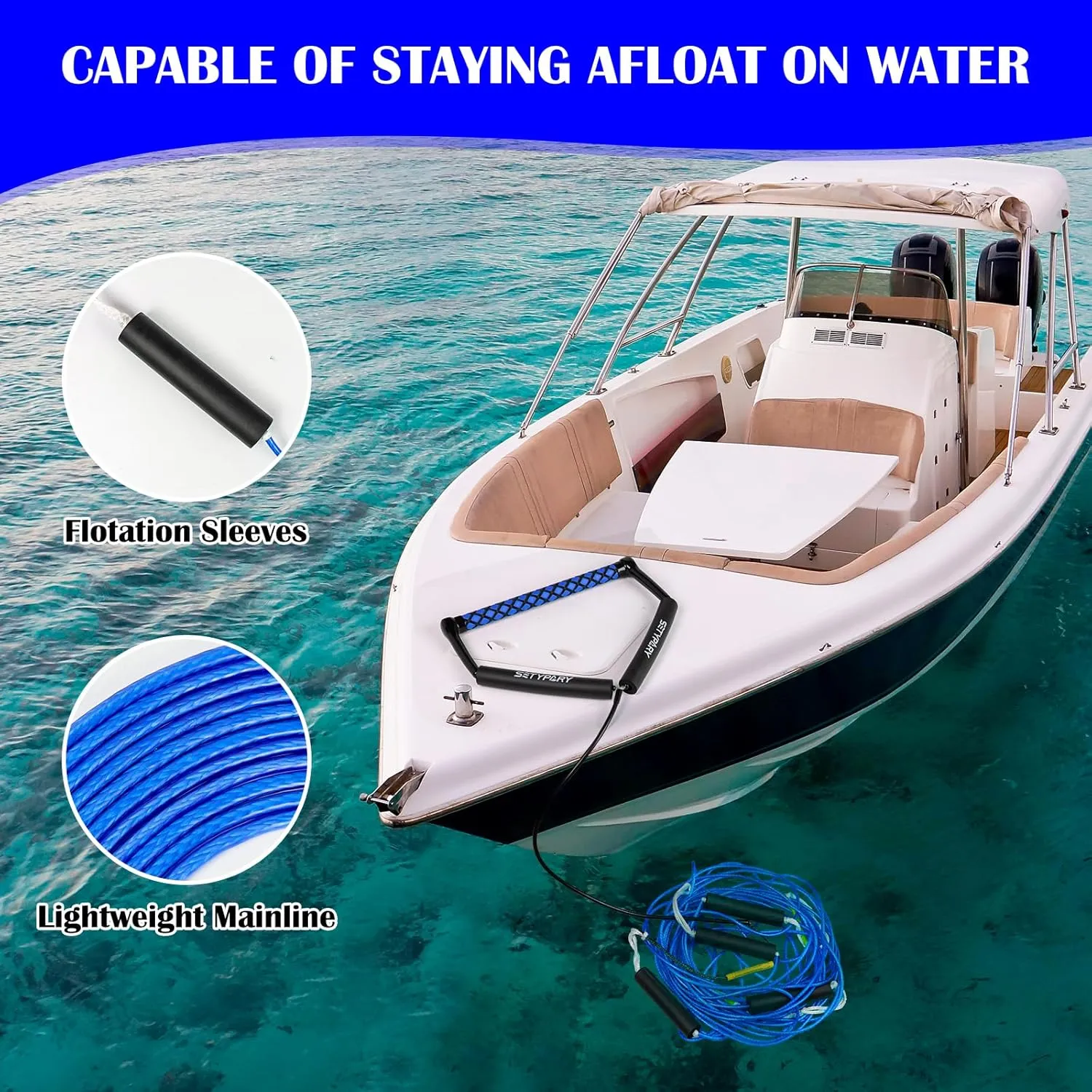 75FT No Stretch Dyneema Wakeboard Rope and Handle, 4 Sections Floating Wakeboard Tow Rope Water Ski Ropes for Wakeboarding, Waterskiing, Kneeboarding and Wakesurfing