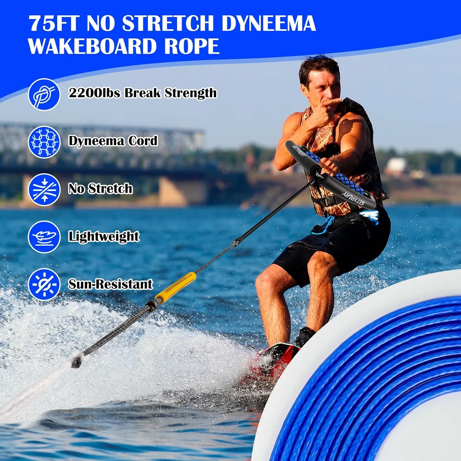 75FT No Stretch Dyneema Wakeboard Rope and Handle, 4 Sections Floating Wakeboard Tow Rope Water Ski Ropes for Wakeboarding, Waterskiing, Kneeboarding and Wakesurfing