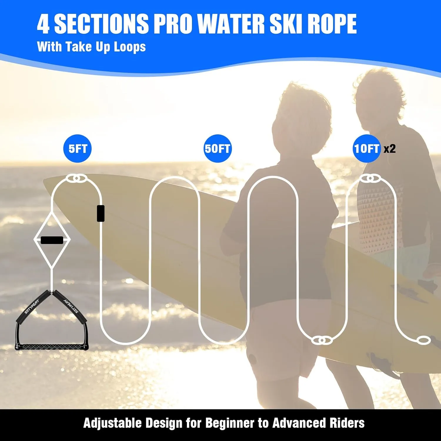 75FT Wakeboard Rope and Handle, Floating Water Ski Rope for Watersports, 4 Sections Ski Ropes for Water Skiing, Kneeboarding, Wakeboarding