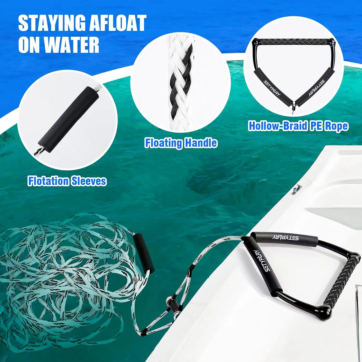 75FT Wakeboard Rope and Handle, Floating Water Ski Rope for Watersports, 4 Sections Ski Ropes for Water Skiing, Kneeboarding, Wakeboarding