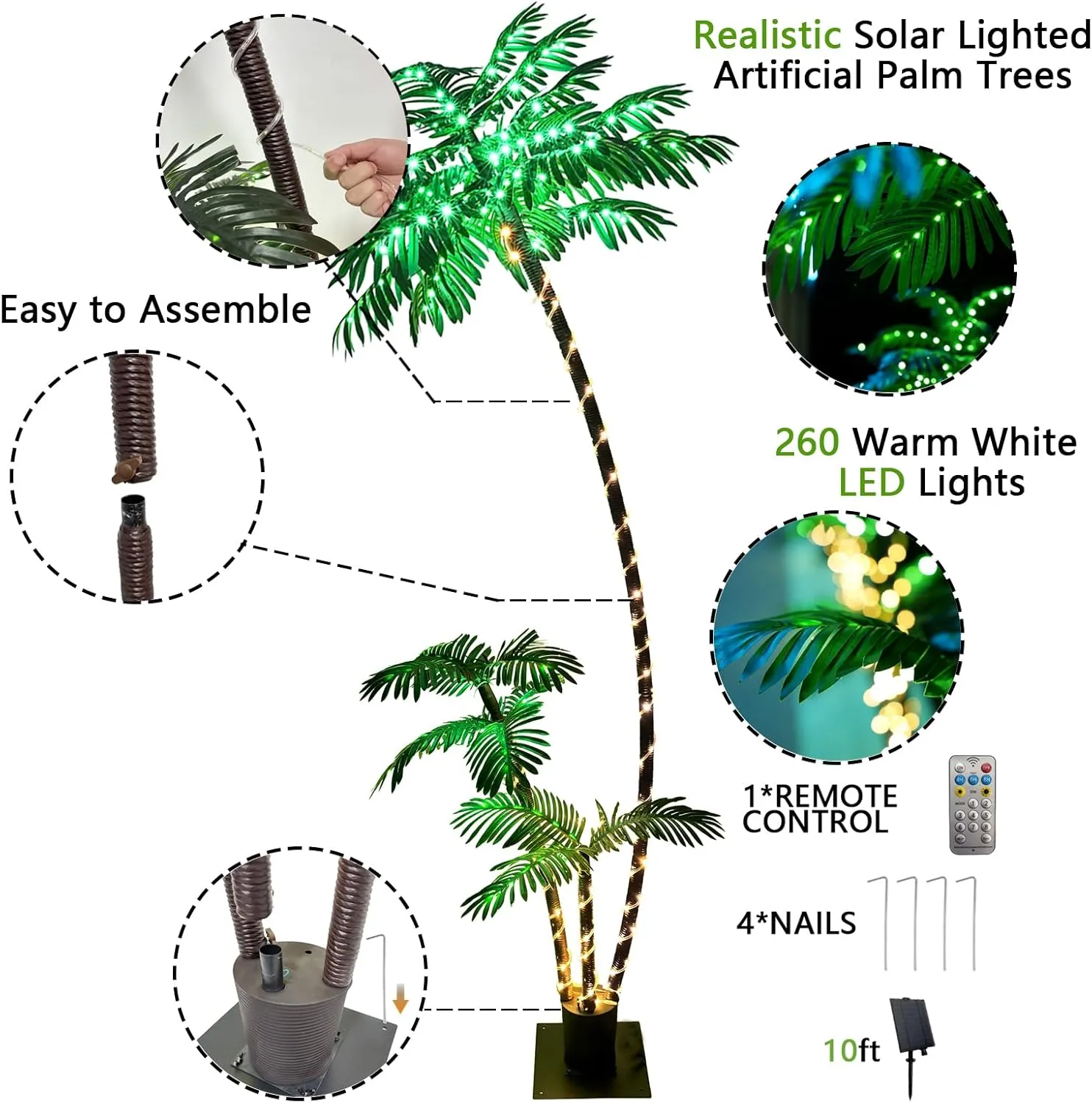 7ft Solar Lighted Palm Tree, Home Room Decor 260LED Christmas Tree, 3 Trunks Artificial Palm Trees for Outside Patio, Indoor Decorations, Outdoor Garden, Pool