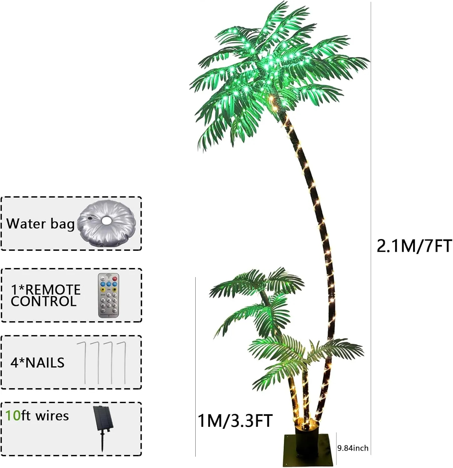 7ft Solar Lighted Palm Tree, Home Room Decor 260LED Christmas Tree, 3 Trunks Artificial Palm Trees for Outside Patio, Indoor Decorations, Outdoor Garden, Pool