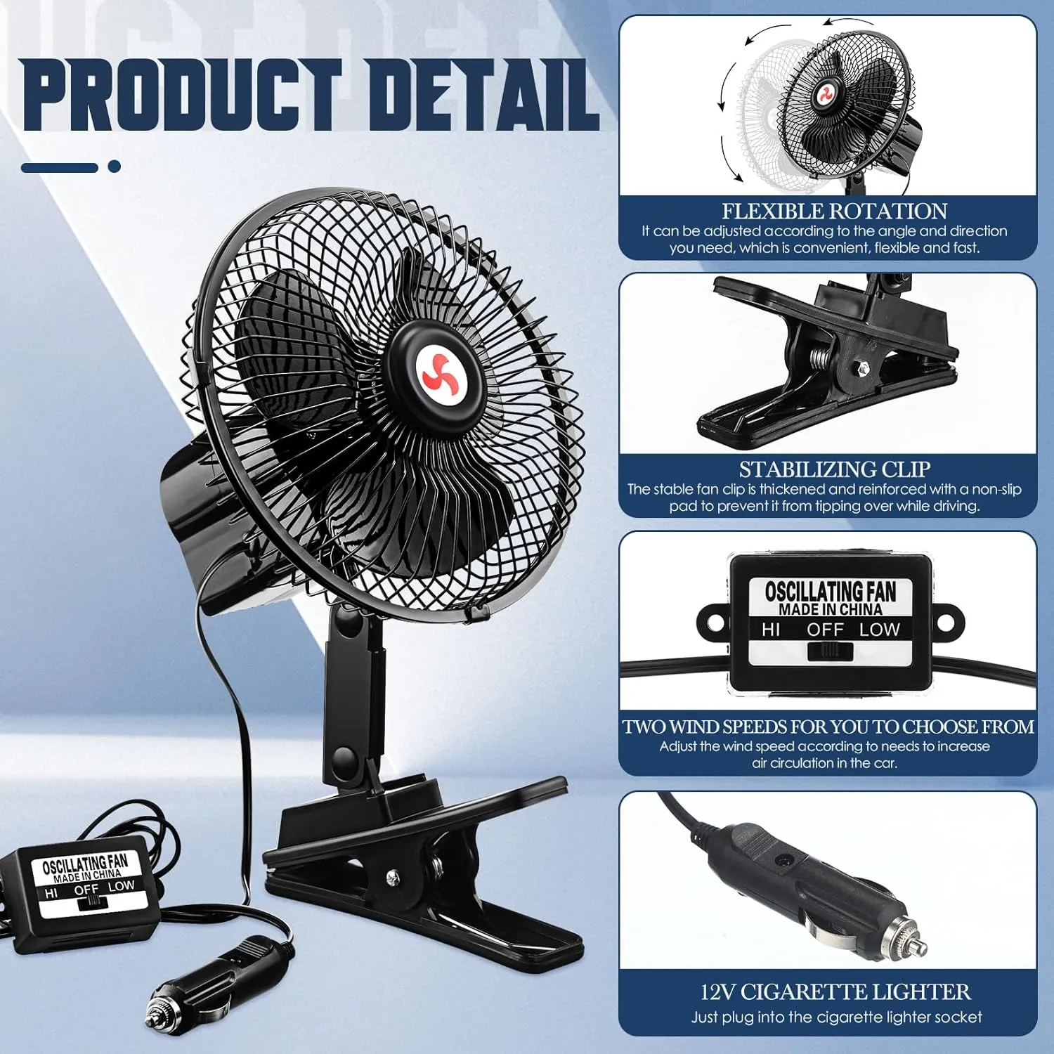 7" Portable Car Fan with Cigarette Lighter Electric Cooling - 12 Volt Oscillating Automobile Fan, 360 Degree Swivel with Clip for Truck Camping Supplies, Black (2 Pcs)