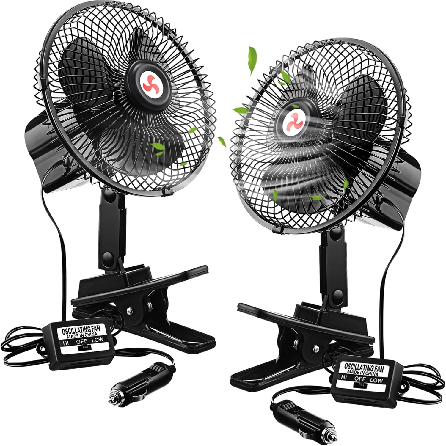 7" Portable Car Fan with Cigarette Lighter Electric Cooling - 12 Volt Oscillating Automobile Fan, 360 Degree Swivel with Clip for Truck Camping Supplies, Black (2 Pcs)