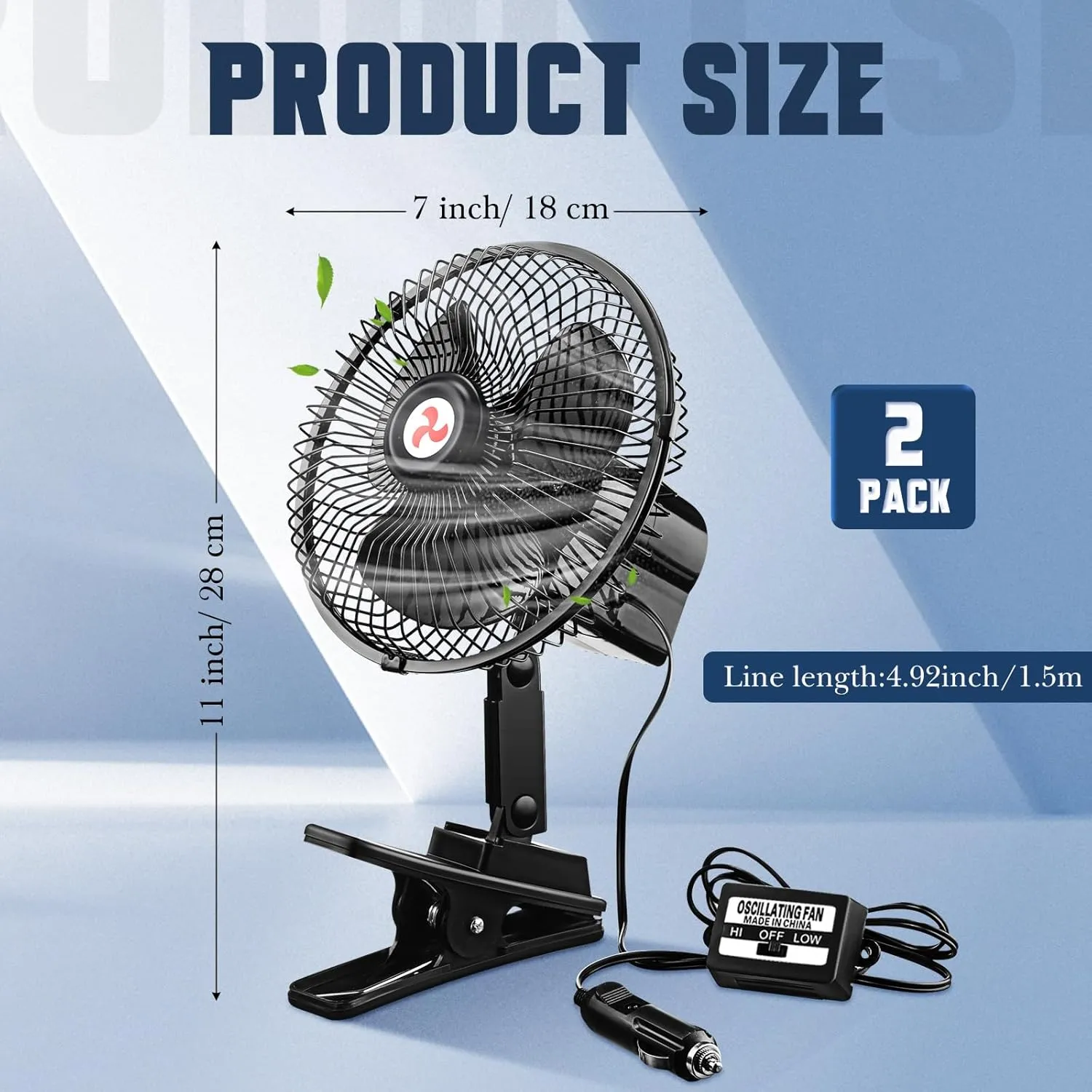 7" Portable Car Fan with Cigarette Lighter Electric Cooling - 12 Volt Oscillating Automobile Fan, 360 Degree Swivel with Clip for Truck Camping Supplies, Black (2 Pcs)