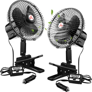7" Portable Car Fan with Cigarette Lighter Electric Cooling - 12 Volt Oscillating Automobile Fan, 360 Degree Swivel with Clip for Truck Camping Supplies, Black (2 Pcs)