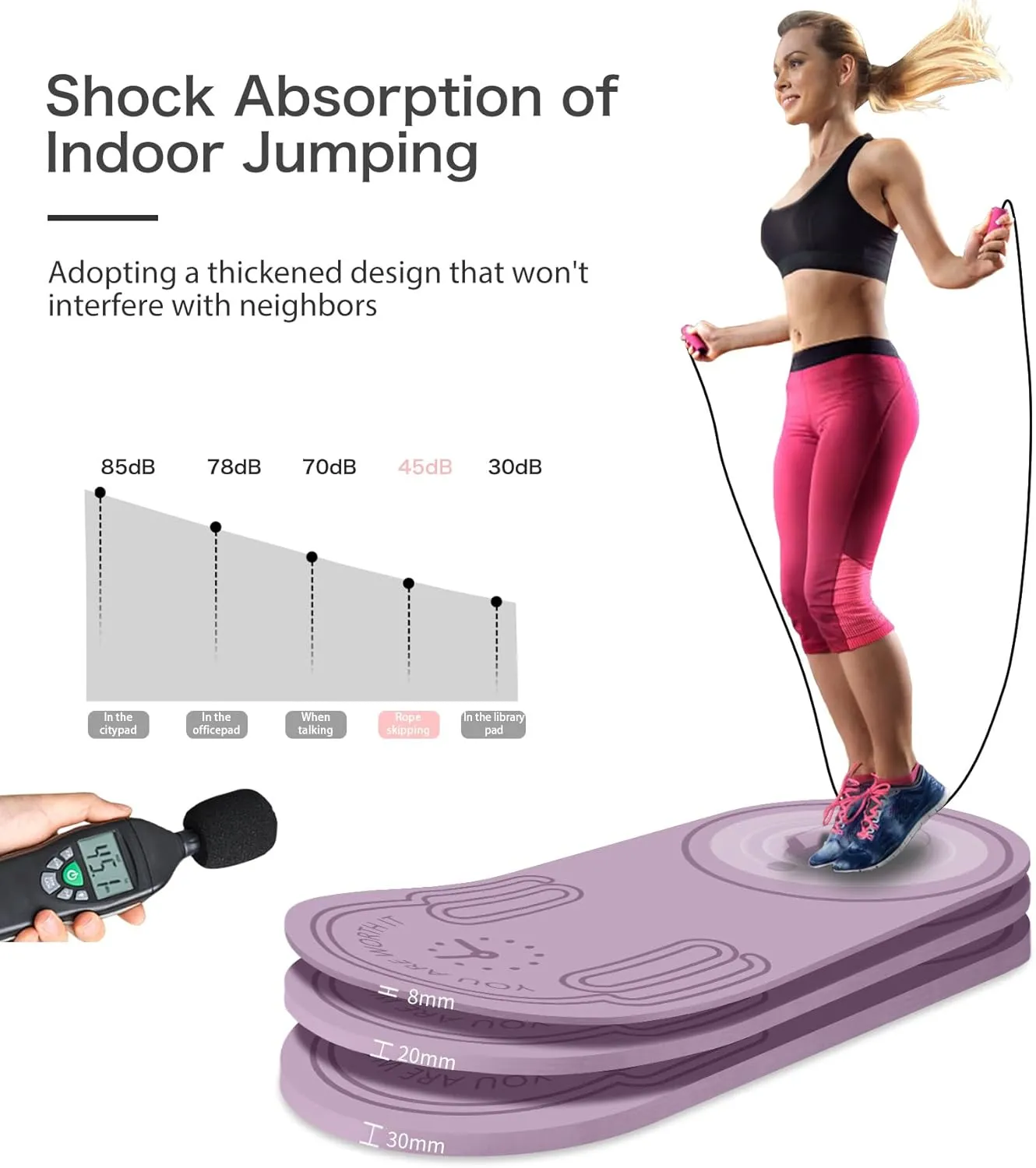 8/20/30mm Jump Rope Mat Fitness Exercise Mat Durable, Non-Slip, Workout Mats with Jump Rope & Carrying Bag for Home Gym Flooring (55"x 24")