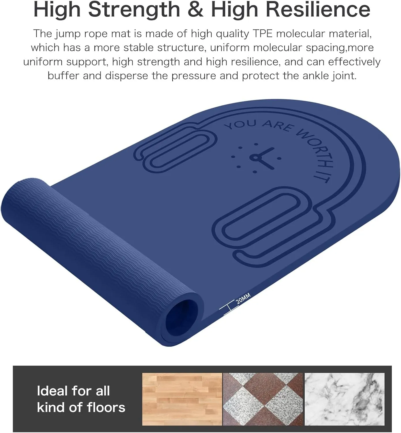 8/20/30mm Jump Rope Mat Fitness Exercise Mat Durable, Non-Slip, Workout Mats with Jump Rope & Carrying Bag for Home Gym Flooring (55"x 24")