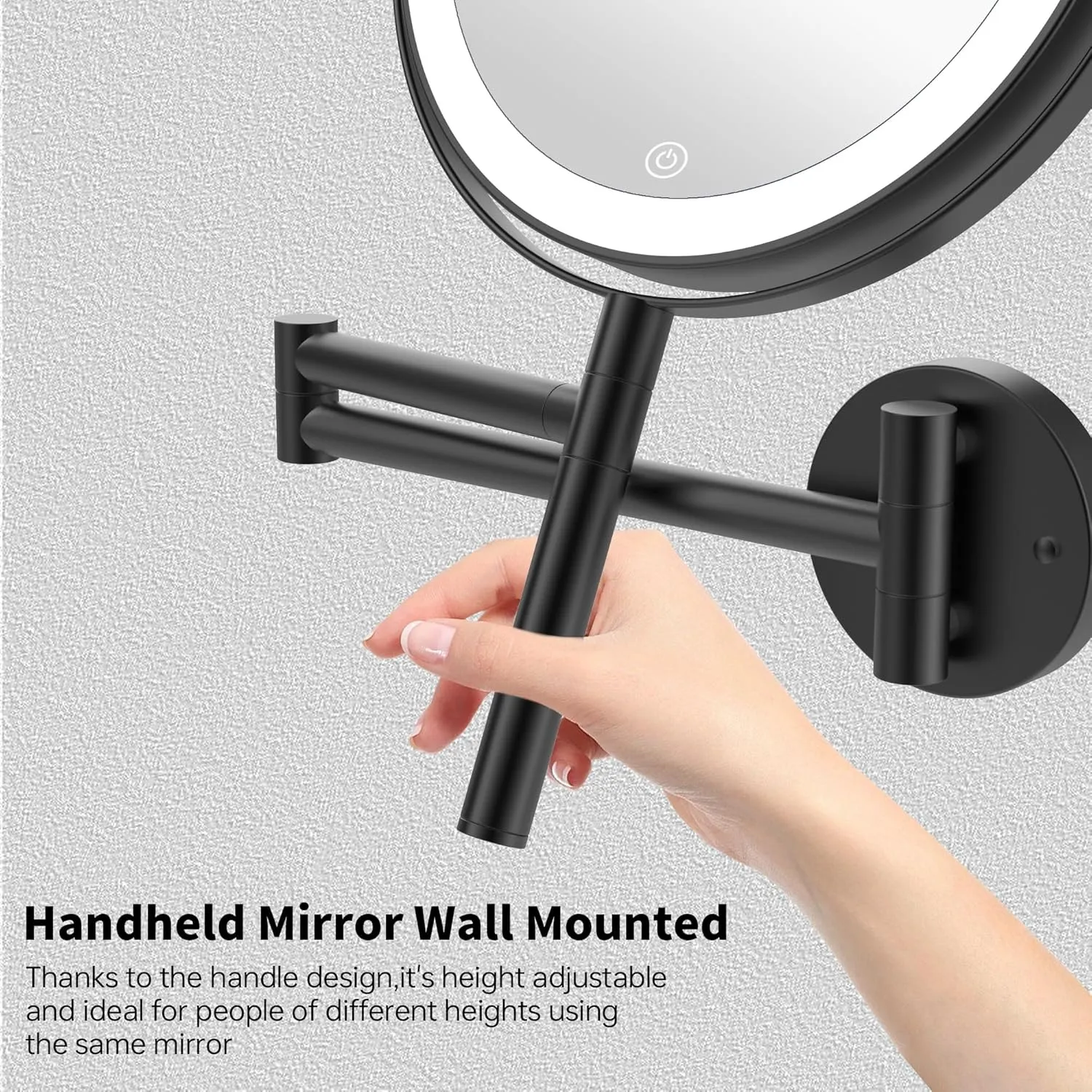 8" Wall Mounted Makeup Mirror with Handle, 3 Color Lights Dimmable and 1X/10X Magnification, Rechargeable Bathroom Wall Mount Magnifying Mirror with Extension Arm Height Adjustable Black