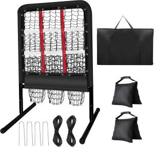 9 Hole Pitching Net with Strike Zone and Handbag, 2X3' Fixed by 4 Ground Stakes or 2 Sandbags. Adjustable Heights(39-46in) for Pitching Target Net