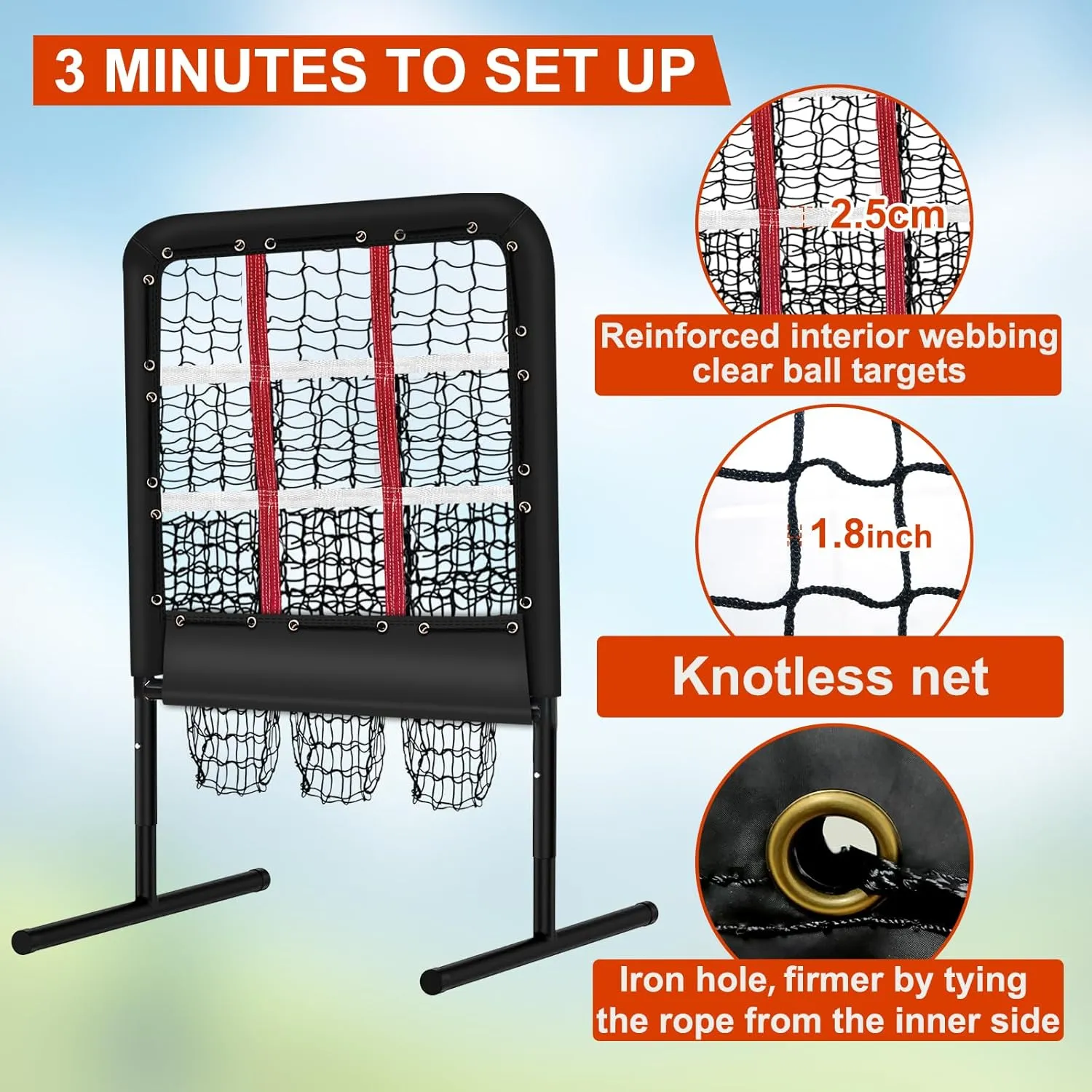 9 Hole Pitching Net with Strike Zone and Handbag, 2X3' Fixed by 4 Ground Stakes or 2 Sandbags. Adjustable Heights(39-46in) for Pitching Target Net