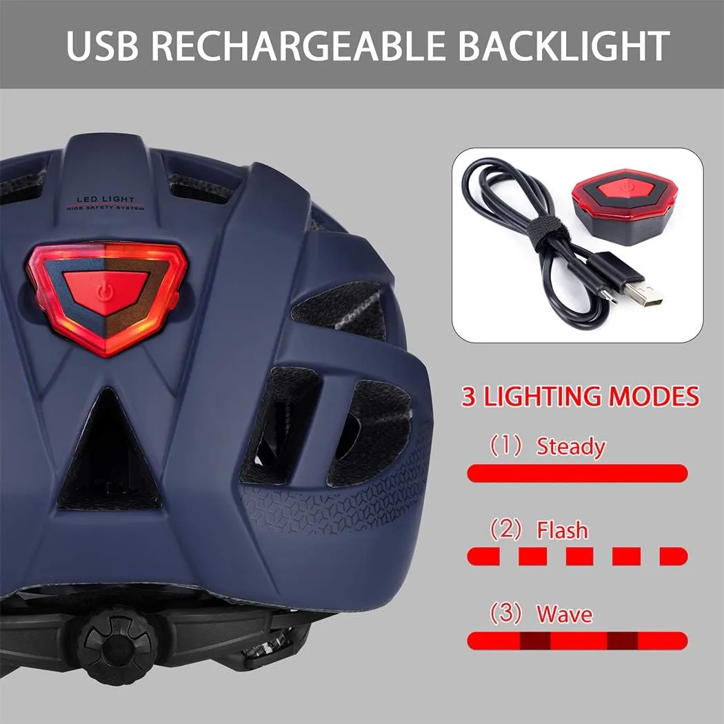 Adult-Men-Women Bike Helmet with Light - Mountain Road Bicycle Helmet with Replacement Pads & Detachable Visor