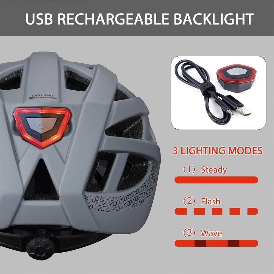 Adult-Men-Women Bike Helmet with Light - Mountain Road Bicycle Helmet with Replacement Pads & Detachable Visor