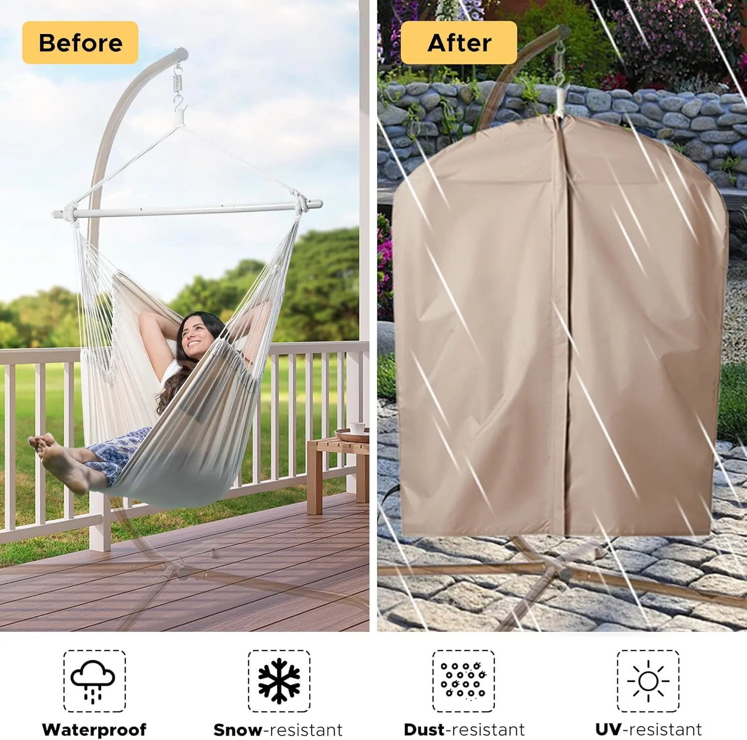 ADVOKAIR Hammock Chair Swing & Cover Set (500 lbs Max) – Hanging Rope Swing for Bedroom, Outdoor, Patio, Porch with Sturdy Steel Bar & Anti-Slip Rings   All-Weather Rain Cover for Storage Protection