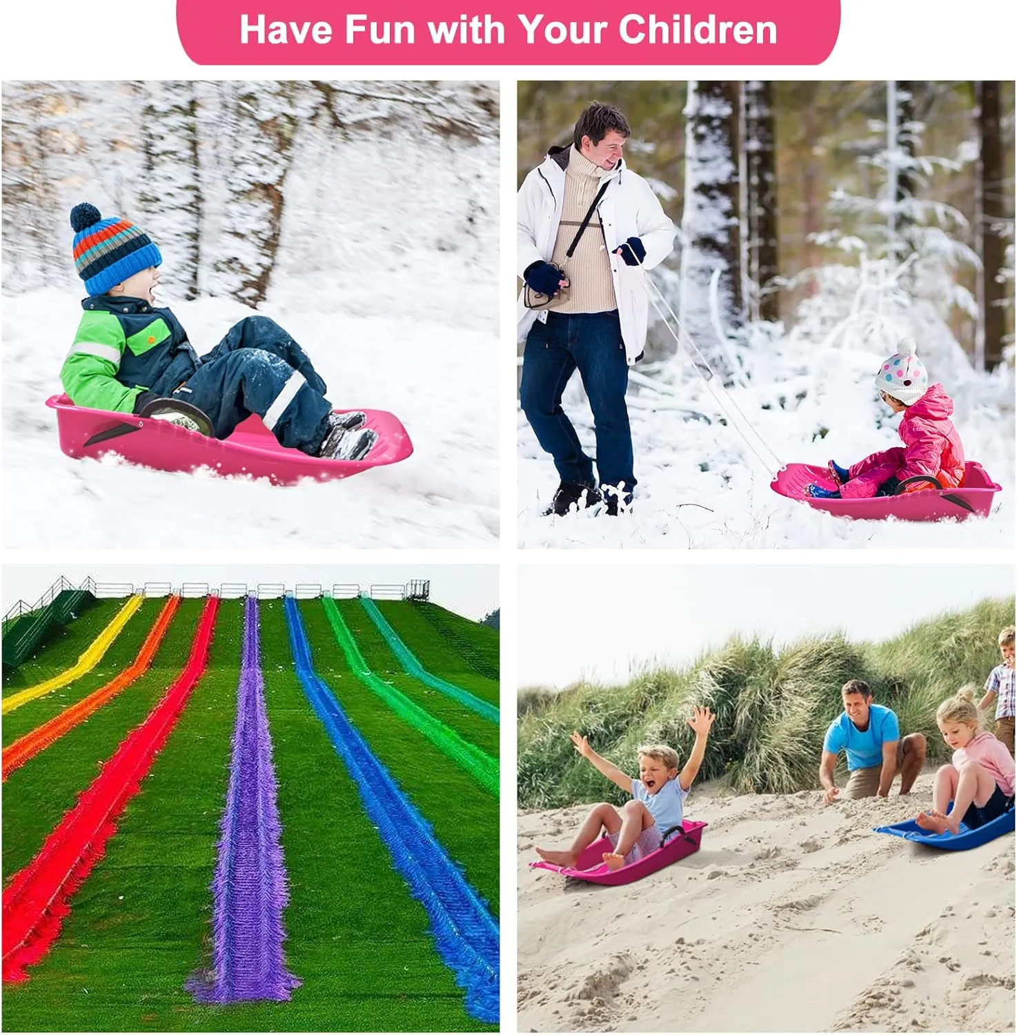 AGPTEK 31 Inch Durable Downhill Sprinter Toboggan Snow Sled for Kids Boys Girls Adults with Built-in Handles and Pulling Rope