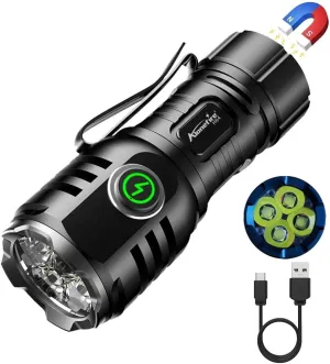 ALONEFIRE H64 Mini LED Flashlight Type C USB Rechargeable Bright 4 LED Light Source Small Torch 8 Modes Waterproof Long Battery Life with Tail Magnet, Clip, Battery for Outdoor, EDC Carry, Hiking