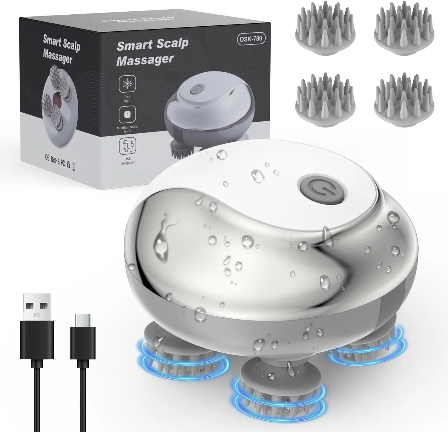 AMIR Electric Scalp Massager, Handheld Head Scratcher Massager, 76 Massage Nodes, Portable Cordless Hair Scalp Massagers for Stress Relax, Deep Clean, Silver