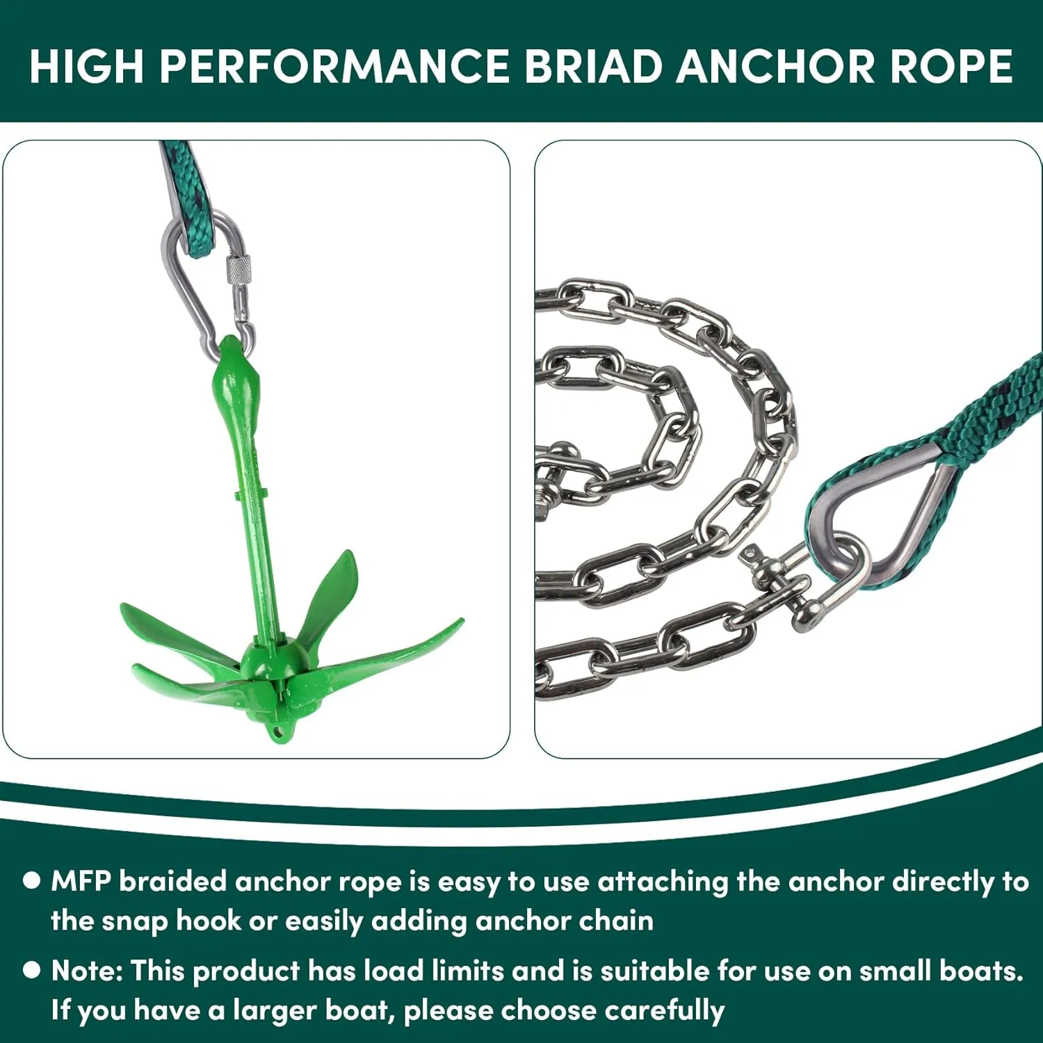 Anchor Rope 3/8in x 50FT,Premium Solid MFP Braided Boat Anchor Ropes Anchor Line with Stainless Steel Thimble & Snap Hook,Boat Ropes Marine Rope for Anchors and Boats(Forest Green/Black)