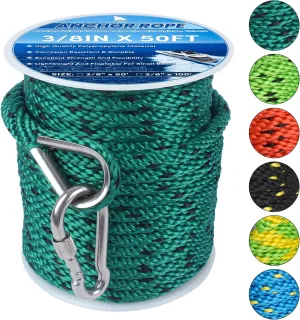 Anchor Rope 3/8in x 50FT,Premium Solid MFP Braided Boat Anchor Ropes Anchor Line with Stainless Steel Thimble & Snap Hook,Boat Ropes Marine Rope for Anchors and Boats(Forest Green/Black)