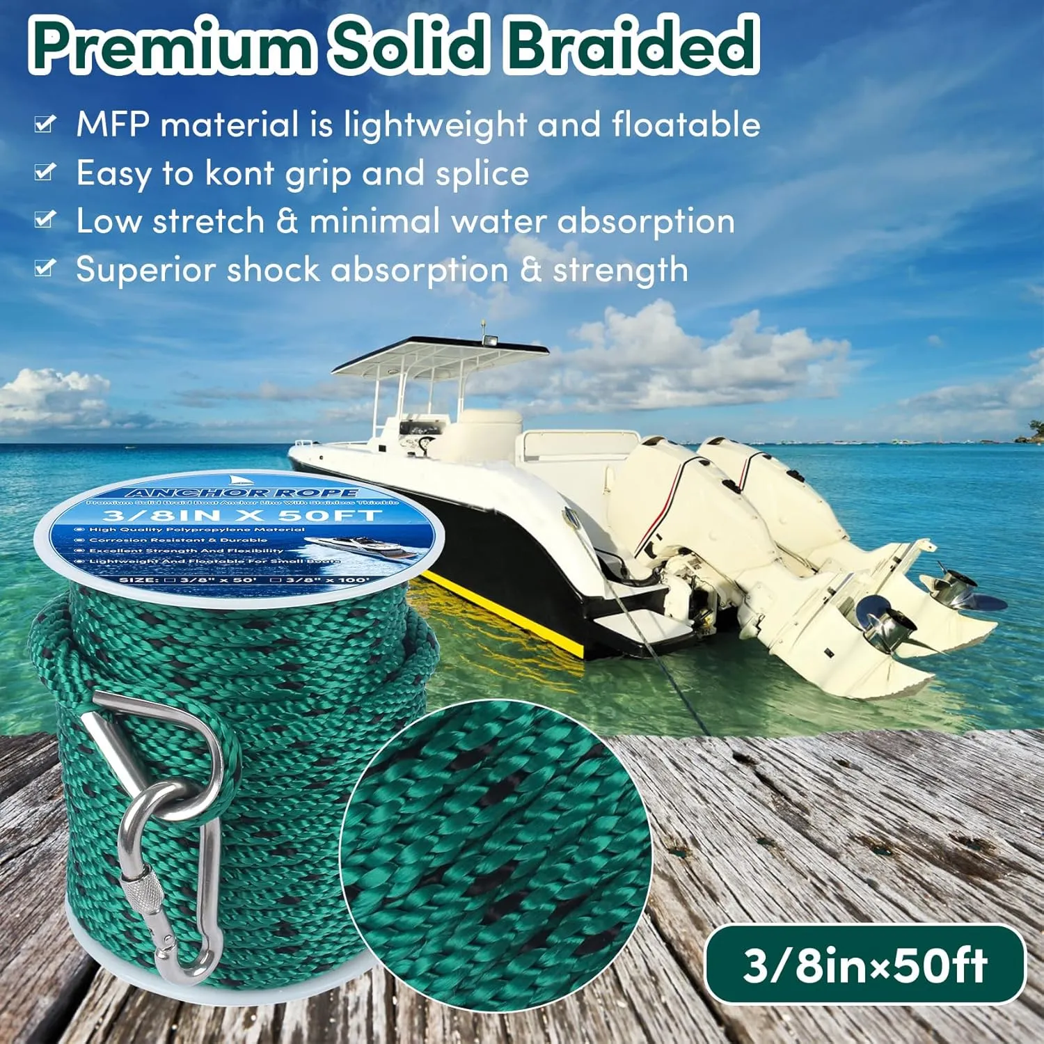 Anchor Rope 3/8in x 50FT,Premium Solid MFP Braided Boat Anchor Ropes Anchor Line with Stainless Steel Thimble & Snap Hook,Boat Ropes Marine Rope for Anchors and Boats(Forest Green/Black)