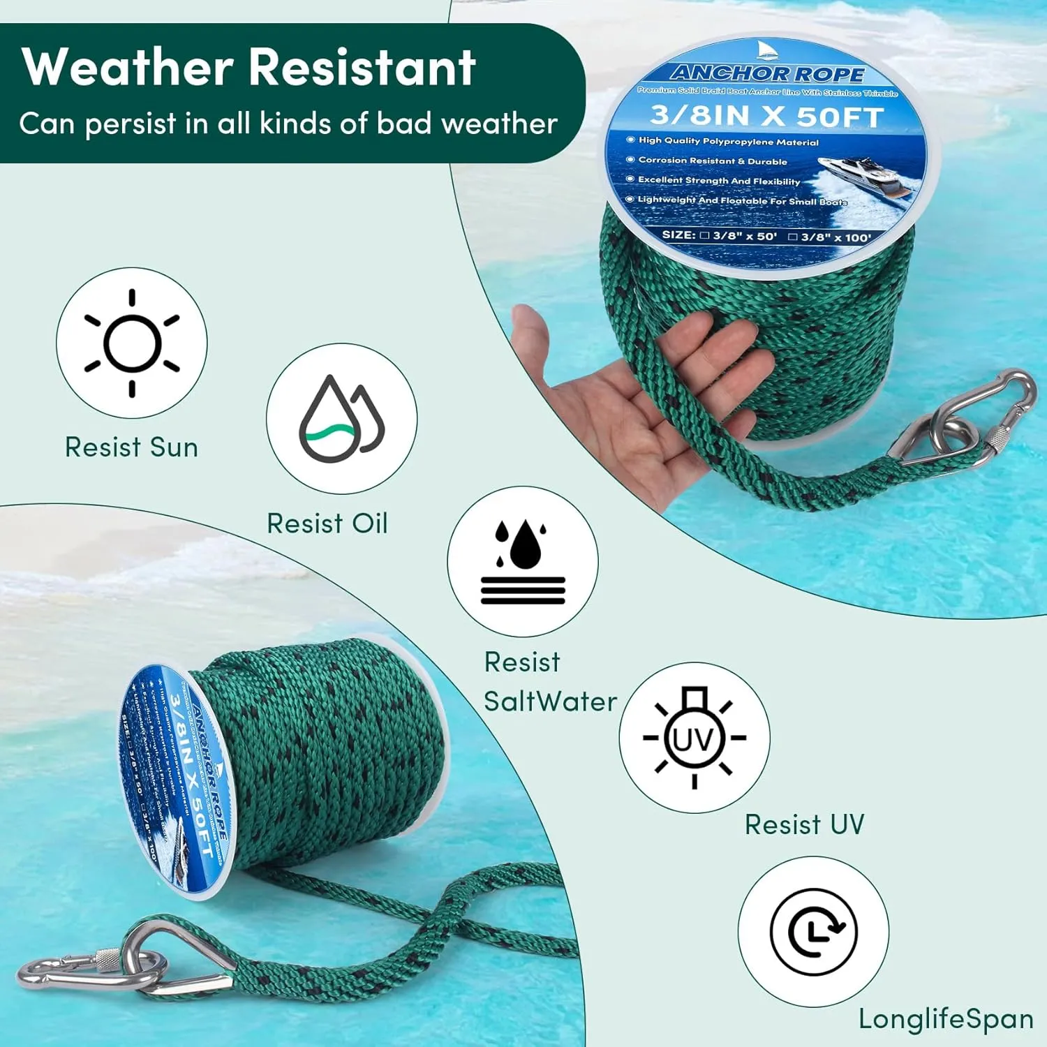 Anchor Rope 3/8in x 50FT,Premium Solid MFP Braided Boat Anchor Ropes Anchor Line with Stainless Steel Thimble & Snap Hook,Boat Ropes Marine Rope for Anchors and Boats(Forest Green/Black)