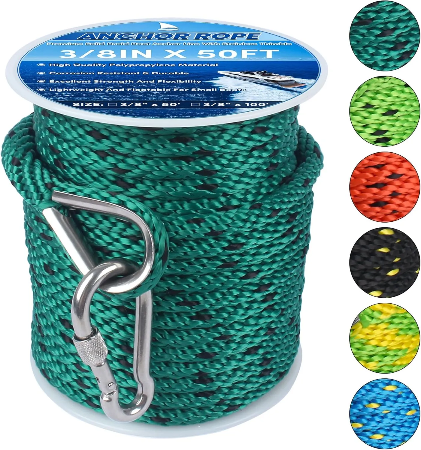 Anchor Rope 3/8in x 50FT,Premium Solid MFP Braided Boat Anchor Ropes Anchor Line with Stainless Steel Thimble & Snap Hook,Boat Ropes Marine Rope for Anchors and Boats(Forest Green/Black)