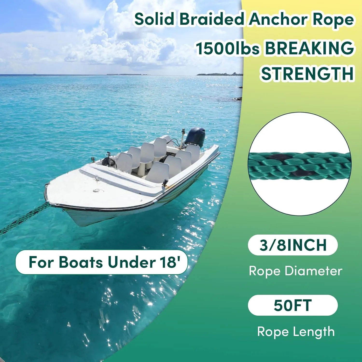 Anchor Rope 3/8in x 50FT,Premium Solid MFP Braided Boat Anchor Ropes Anchor Line with Stainless Steel Thimble & Snap Hook,Boat Ropes Marine Rope for Anchors and Boats(Forest Green/Black)