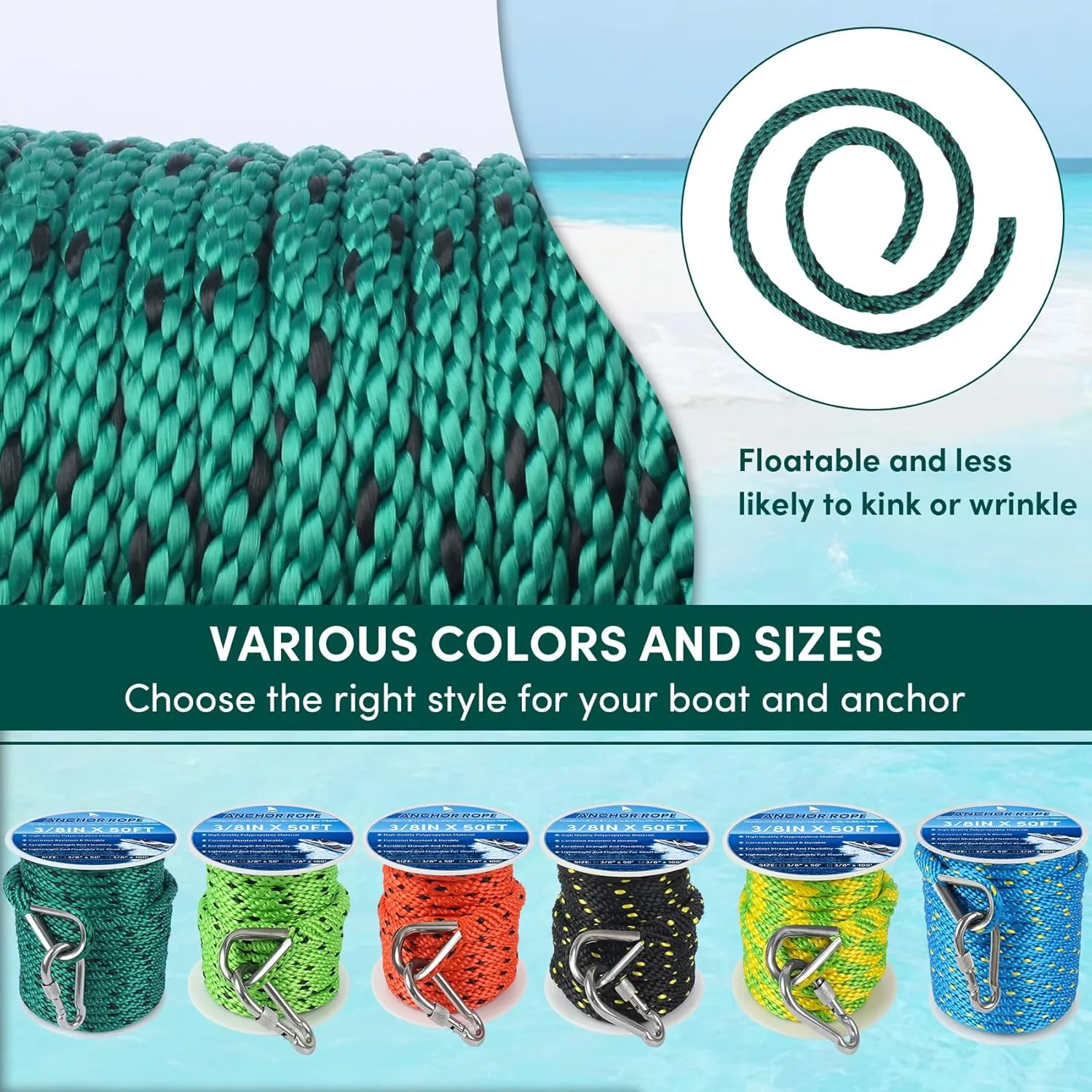 Anchor Rope 3/8in x 50FT,Premium Solid MFP Braided Boat Anchor Ropes Anchor Line with Stainless Steel Thimble & Snap Hook,Boat Ropes Marine Rope for Anchors and Boats(Forest Green/Black)