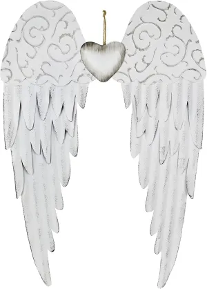 Angel Wings Wall Decoration, Antique Hanging Metal Wings Wall Décor with Heart Decorative Wall Sculpture Indoor Outdoor for Home Bedroom Living Room Garden
