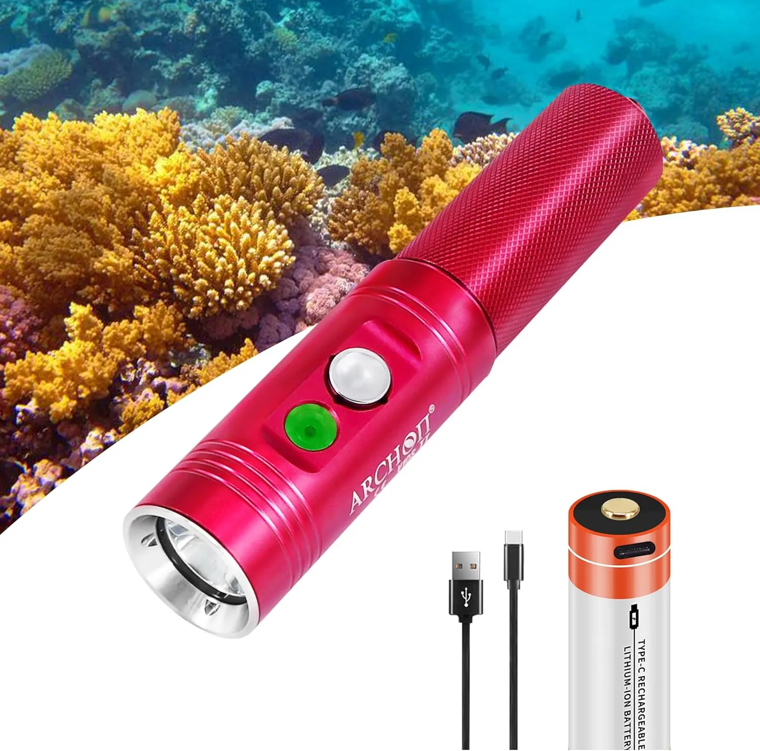 ARCHON V10S Diving Flashlight Underwater Scuba Dive Light 1200 Lumens Waterproof Torch with Power Indicator and USB Charger, Red Lamp for Underwater Lighting