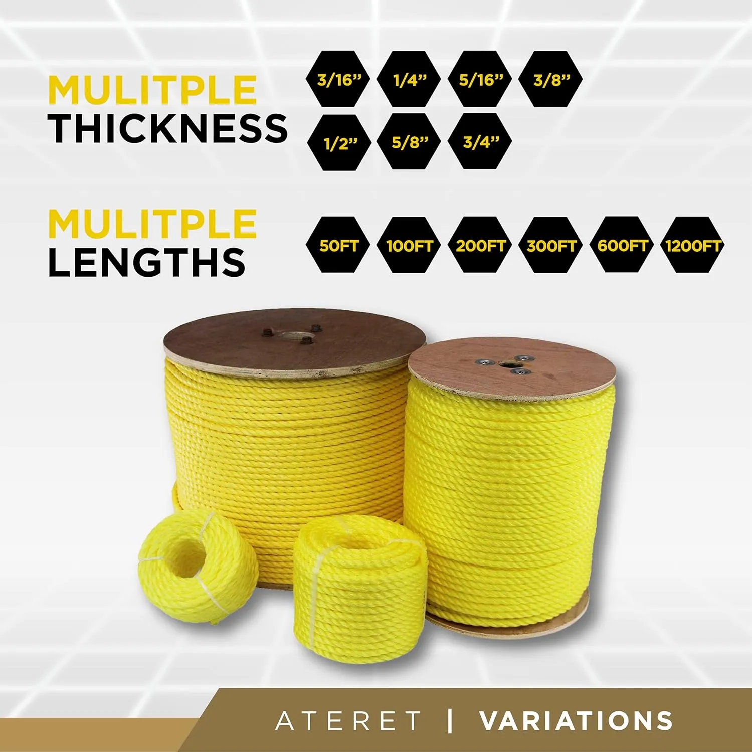 ATERET 1/4 Inch by 600 Feet Twisted 3-Strand Yellow Polypropylene Rope I 1,125 lbs. Tensile Strength I Lightweight & Heavy-Duty Synthetic Cord for DIY Projects, Marine, Commercial Use (1/4" x 600')