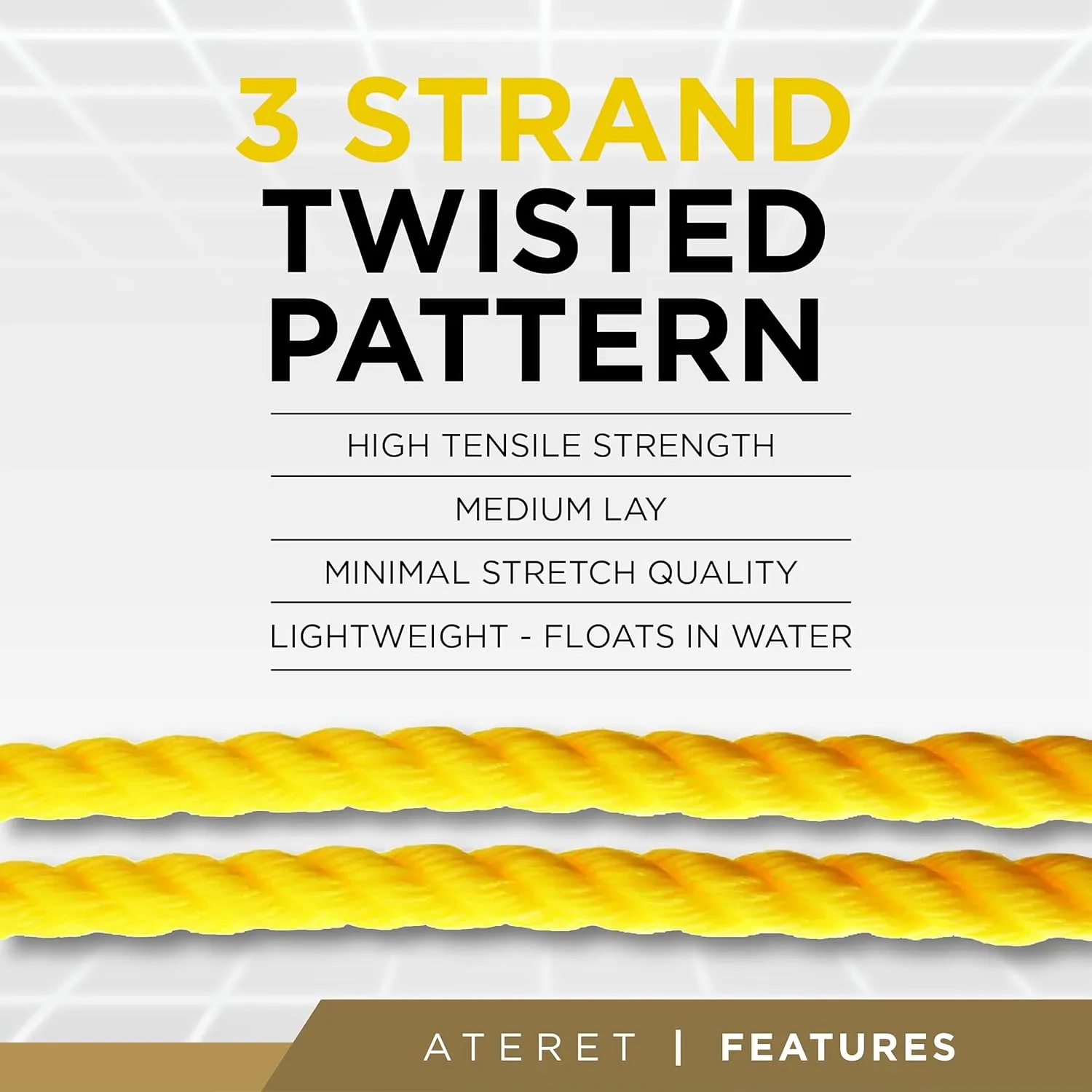 ATERET 3/8 Inch x 600 Feet Twisted 3-Strand Yellow Polypropylene Rope I 2,430 lbs. Tensile Strength I Lightweight & Heavy-Duty Synthetic Cord for DIY Projects, Marine, Commercial Use (3/8" x 600')