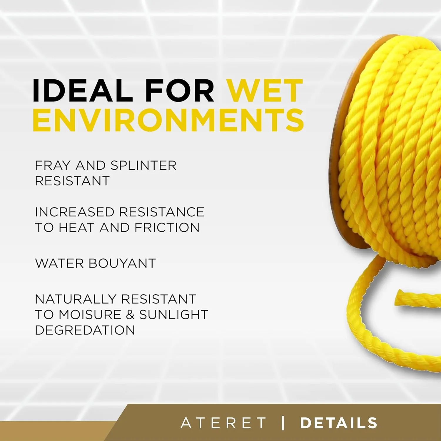 ATERET 3/8 Inch x 600 Feet Twisted 3-Strand Yellow Polypropylene Rope I 2,430 lbs. Tensile Strength I Lightweight & Heavy-Duty Synthetic Cord for DIY Projects, Marine, Commercial Use (3/8" x 600')