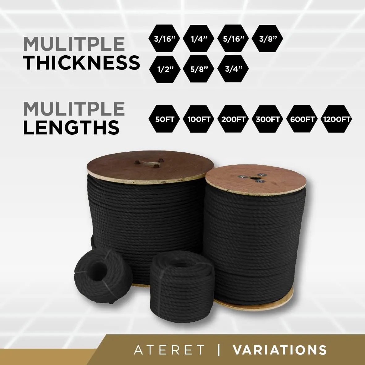 ATERET Twisted 3-Strand Black Polypropylene Rope Monofilament I 3/8" x 600 Feet I 2,430 lbs. Tensile Strength I Lightweight & Heavy-Duty Synthetic Cord for DIY Projects, Marine, Commercial Use