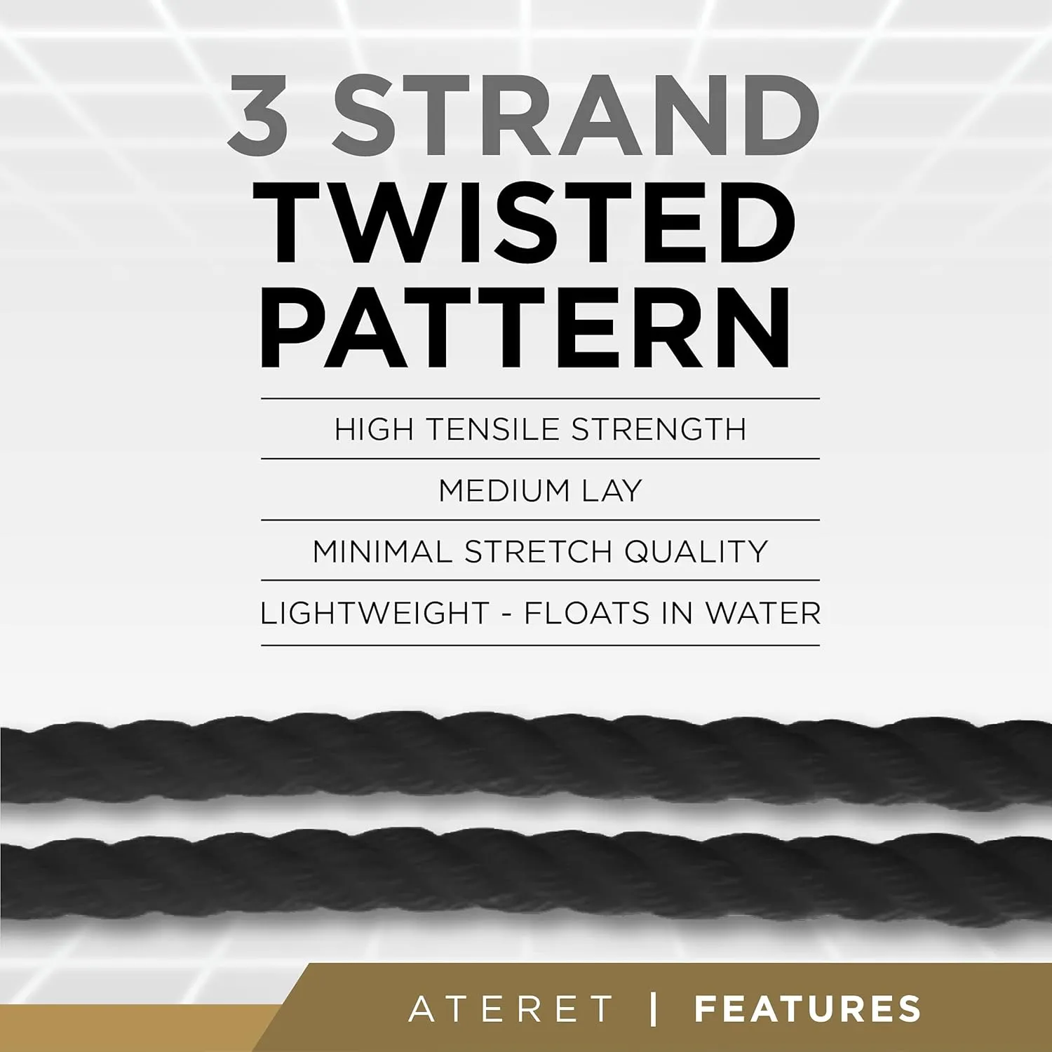 ATERET Twisted 3-Strand Black Polypropylene Rope Monofilament I 3/8" x 600 Feet I 2,430 lbs. Tensile Strength I Lightweight & Heavy-Duty Synthetic Cord for DIY Projects, Marine, Commercial Use
