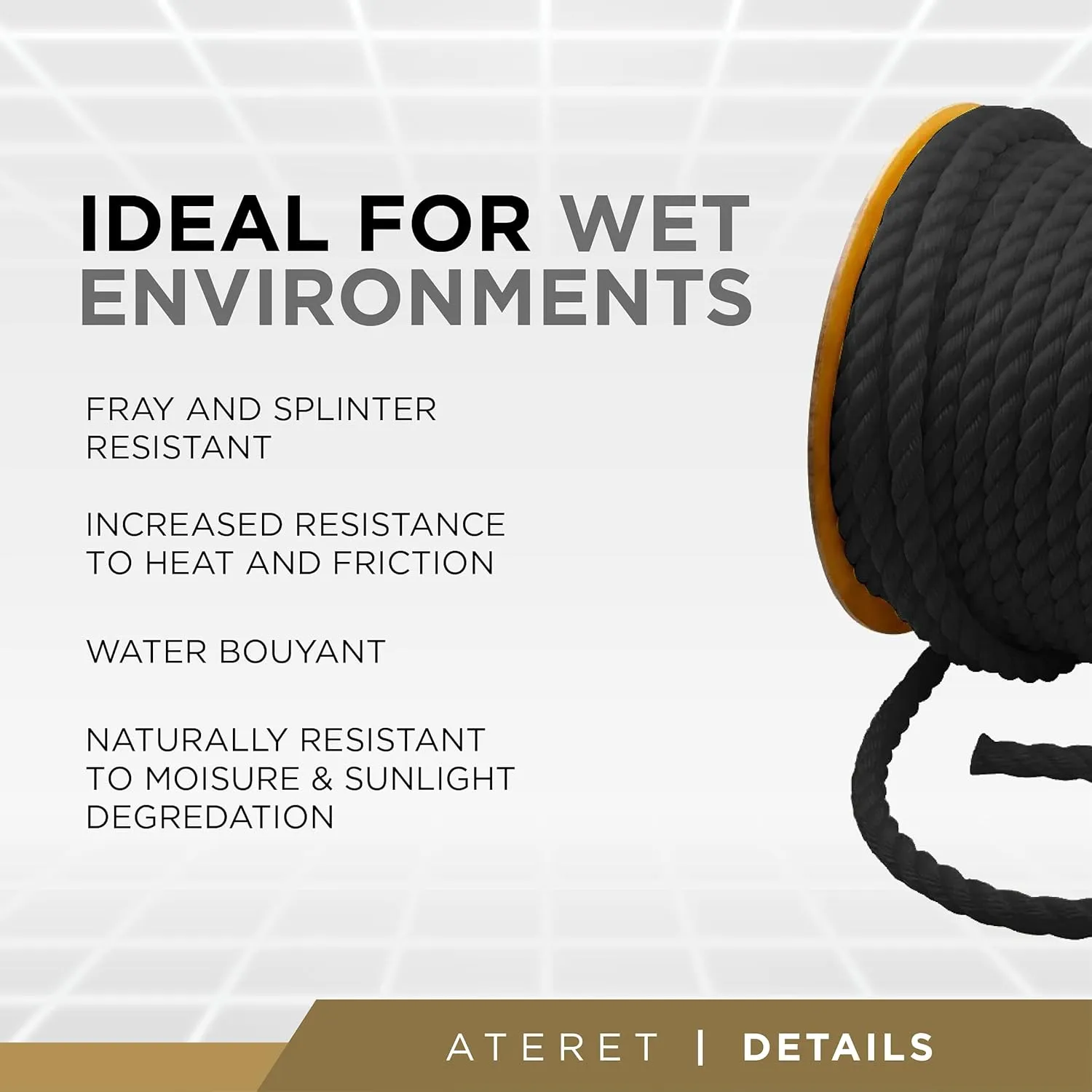 ATERET Twisted 3-Strand Black Polypropylene Rope Monofilament I 3/8" x 600 Feet I 2,430 lbs. Tensile Strength I Lightweight & Heavy-Duty Synthetic Cord for DIY Projects, Marine, Commercial Use