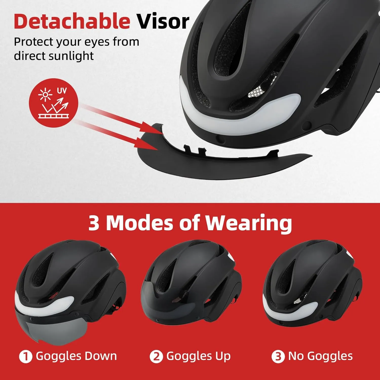AUMENATR Adult Bike Helmet with USB Rechargeable LED Front & Rear LED Light Mountain Road Cycling Helmets for Men Women Bicycle Helmet Removable Goggles