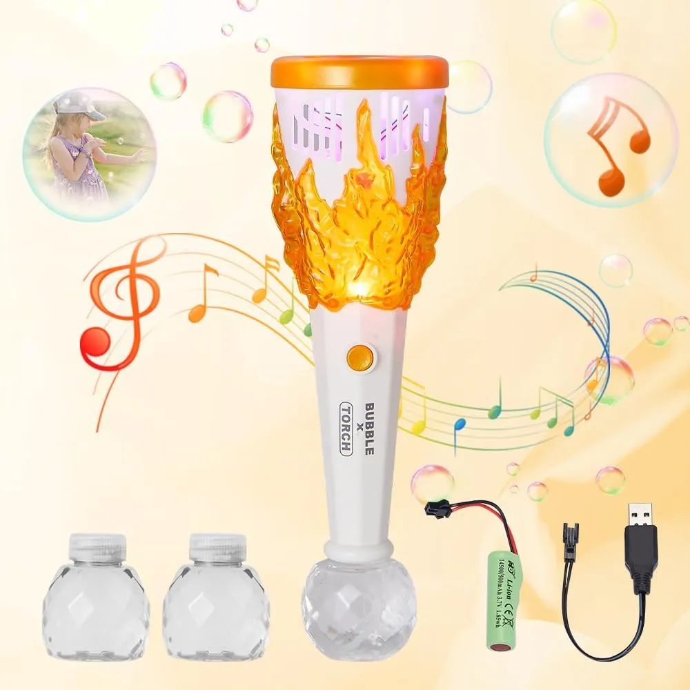 Automatic Bubble Torch for Kids, Bubble Machine with Light & Music for Girls Boys with Bubble Solutions, Rechargeable with USB included, Outdoor Toys for Toddlers, Party Wedding Birthday Gift (Orange)