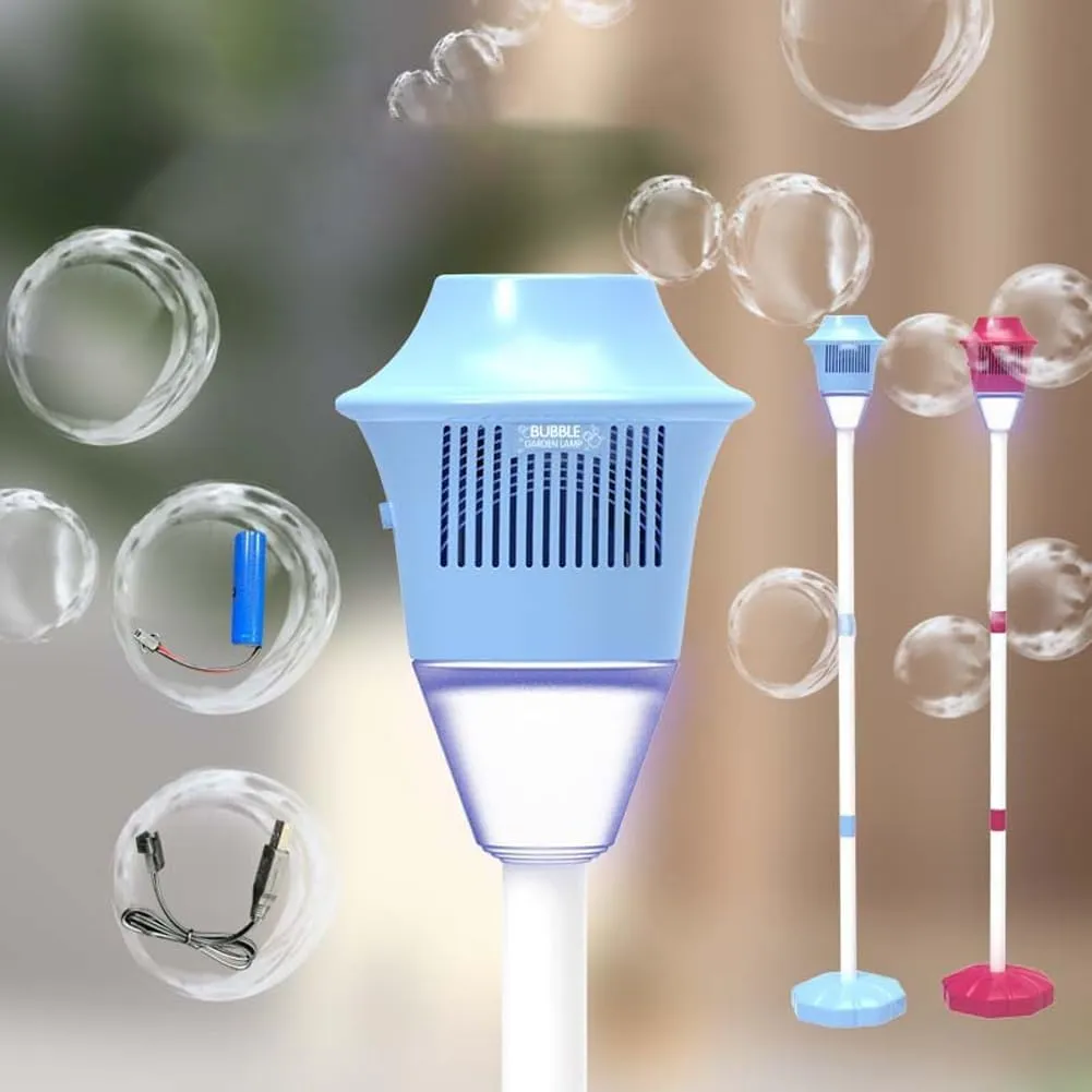 Automatic Bubble Torch Garden Lamp, Rechargeable Outdoor Torch Bubble Machine, 47 Inches Standing Bubble Maker Machine with Lights, for Wedding Birthday Party (Blue)