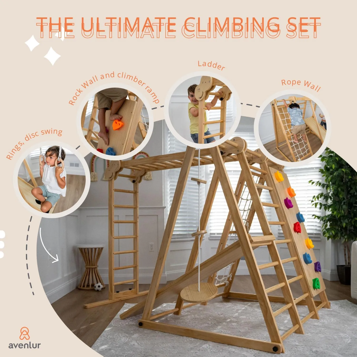 Avenlur Chestnut 7-in-1 Foldable Jungle Gym (Natural Indoor, X-Large(82"x58"x60"))