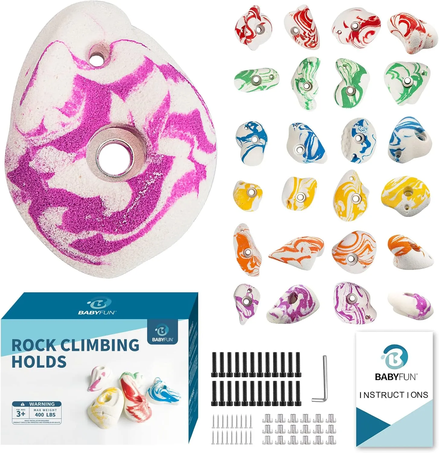 BABY FUN 24 Climbing Holds for Kids and Adults, Rock Climbing Holds - Mounting Hardware Included - Climbing Rocks for DIY Rock Climbing Wall