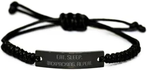 Backpacking Gifts For Men Women, Eat. Sleep. Backpacking, Funny Backpacking Black Rope Bracelet, Engraved Bracelet From Friends, Unique backpacking gear, Unusual backpacking gifts, Backpacking gift