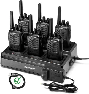 BAOFENG BF-88ST Walkie Talkies Long Range (6 Pack), Rechargeable Two Way Radio with 6 Way Multi Unit Charger, License-Free Walky Talky for Adults with Earpieces, USB Charging, Black
