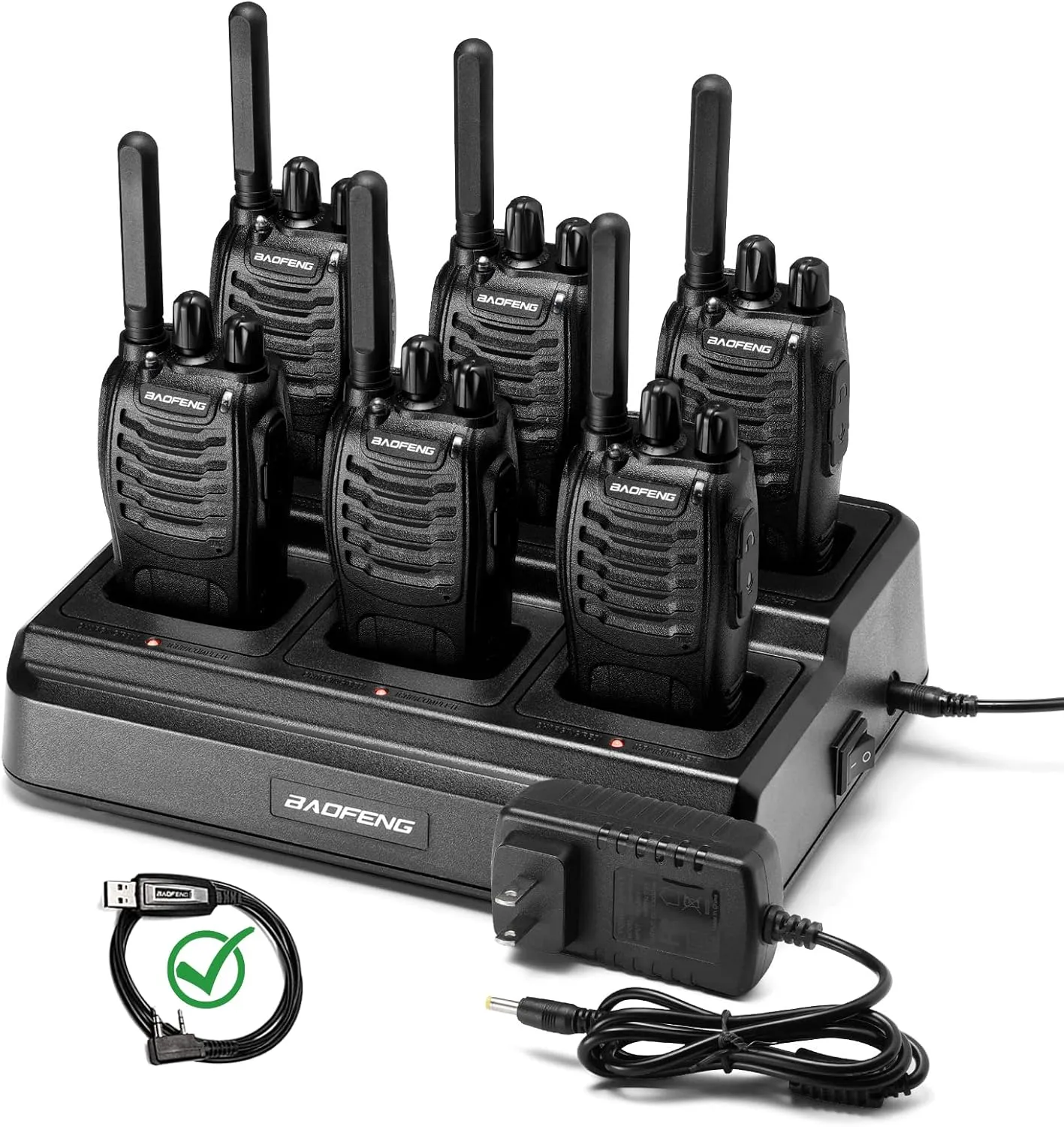 BAOFENG BF-88ST Walkie Talkies Long Range (6 Pack), Rechargeable Two Way Radio with 6 Way Multi Unit Charger, License-Free Walky Talky for Adults with Earpieces, USB Charging, Black