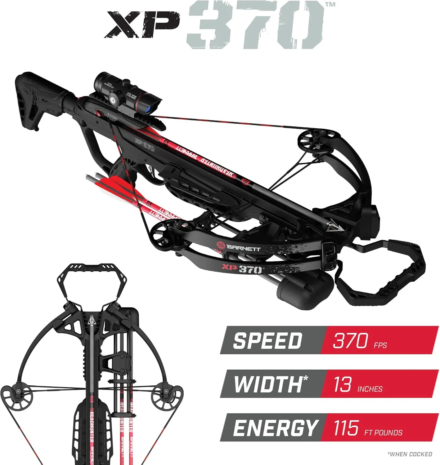 Barnett Explorer XP370 - Compact and Lightweight Crossbow. 370FPS, Adjustable Butt Stock, Illuminated Red Dot Scope, with Headhunter Bolts, Side Mount Quiver and Precision Textures